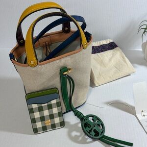 Tory Burch Cream and Green Mini Bucket Bag